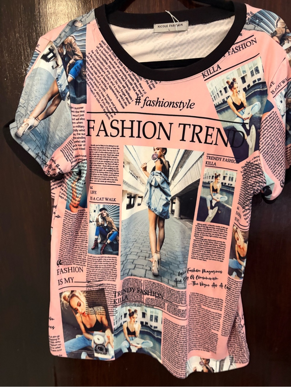 Bundle 3 for $25. Pink Graphic Newspaper-Print Tee with Black Trim. Size L.